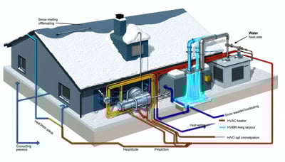 Diagram showing HVAC system waste heat being used for snow melting and water heating Diagram showing HVAC system waste heat being used for snow melting and water heating